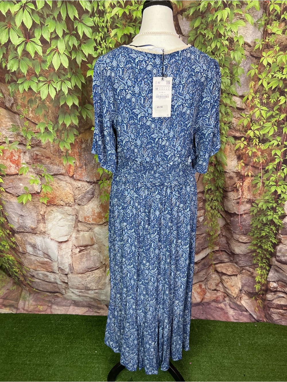 NWT ZARA Blue Floral Deep V-Neck Cottagecore Flutter Sleeve Maxi Dress, M - Picture 7 of 12